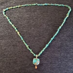 Turquoise Stone Bead Necklace 925 Pendant Spiny Oyster Shell Seahorse Wire Work